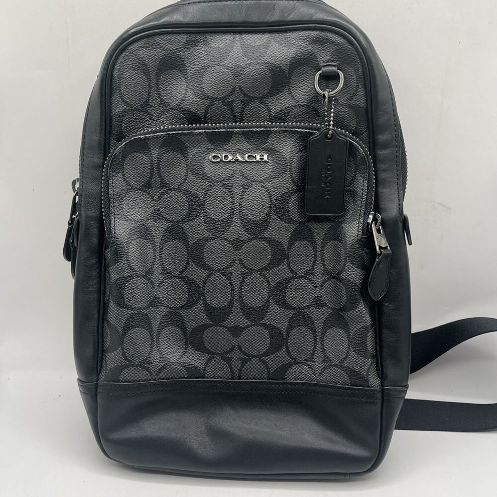 Coach C2932 Graham Signature Canvas Leather Black Gray Crossbody Sling Bag